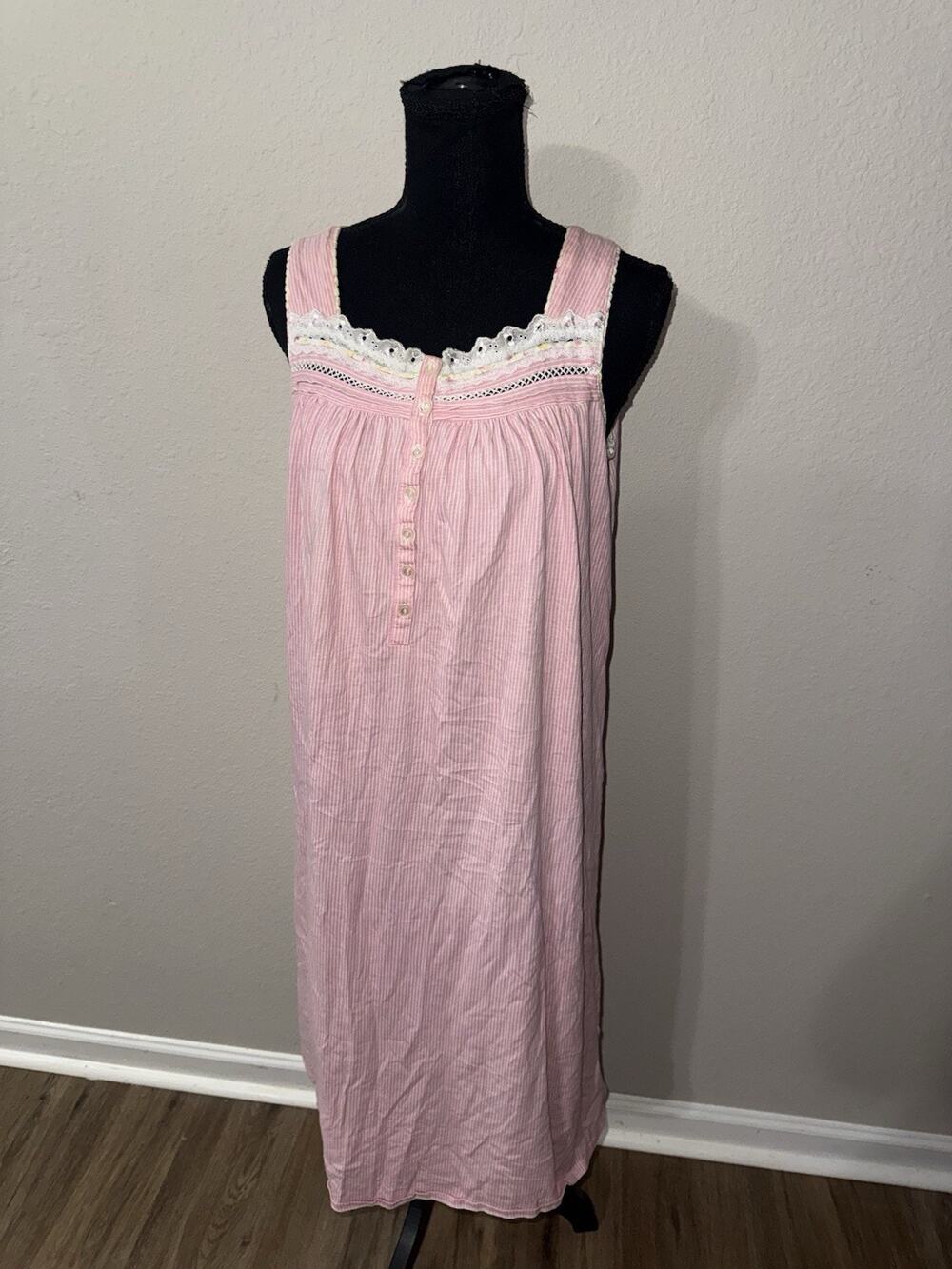 Celestial Dreams Nightgown Small S Pink White Stripe Cotton Lace Button Maxi